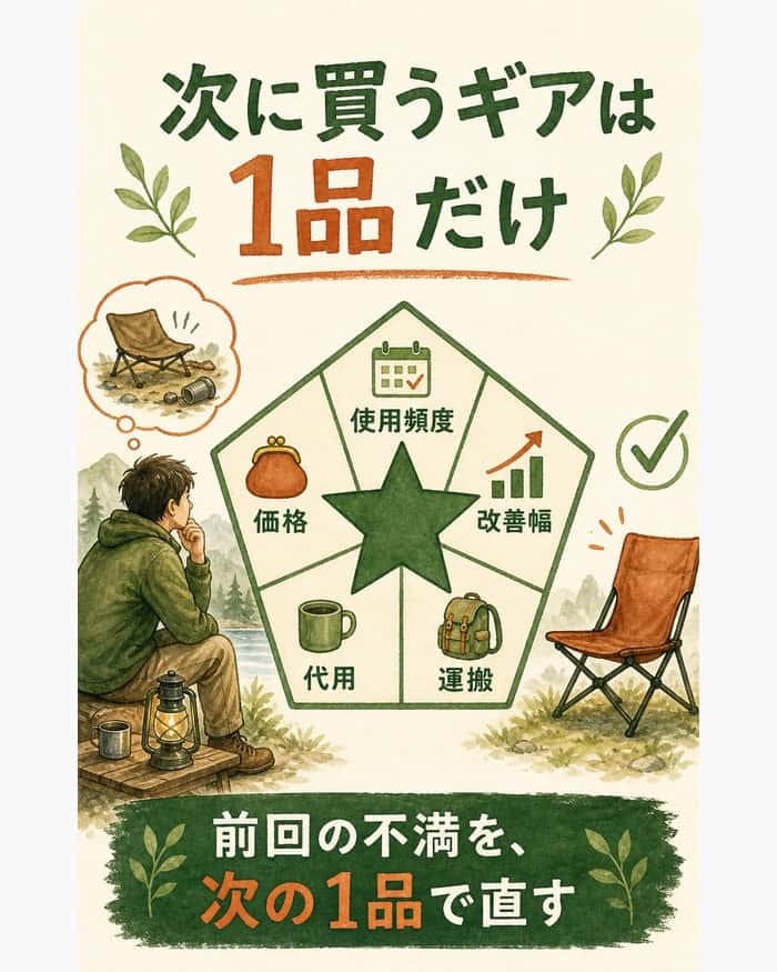 前回のソロキャンプで感じた不満を、使用頻度・改善幅・運搬・代用・価格の5軸で採点し、次に買うギアを1品に絞る図解。