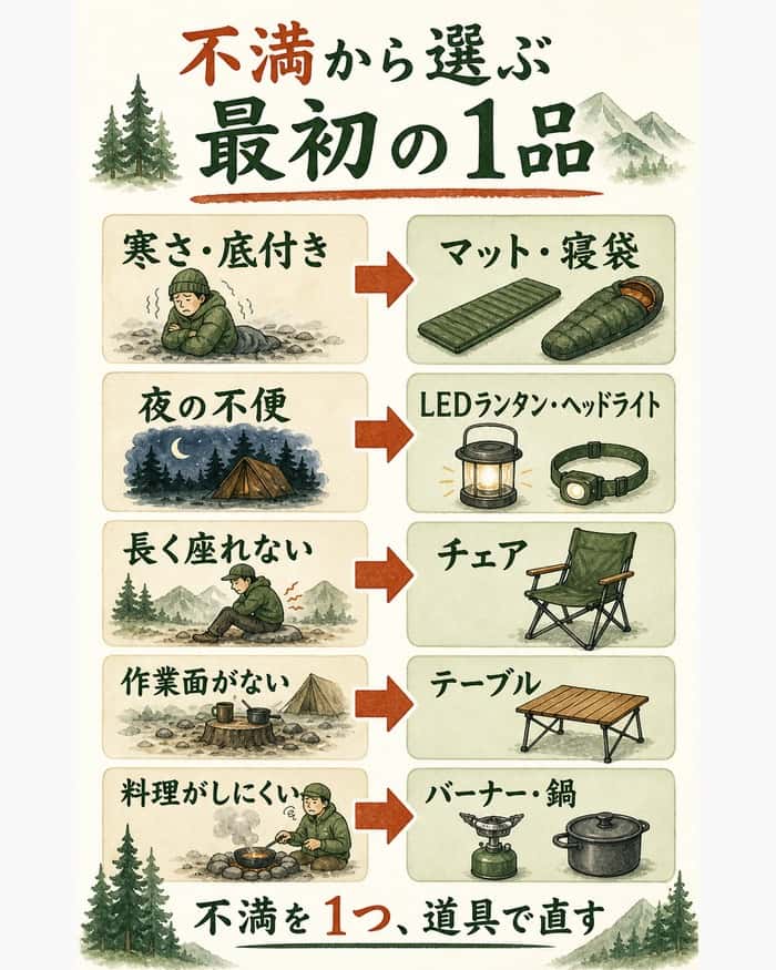 寒さ、夜の不便、座りにくさ、作業面不足、料理のしにくさを、マット・寝袋、ライト、チェア、テーブル、バーナー・鍋に対応させた早見表。