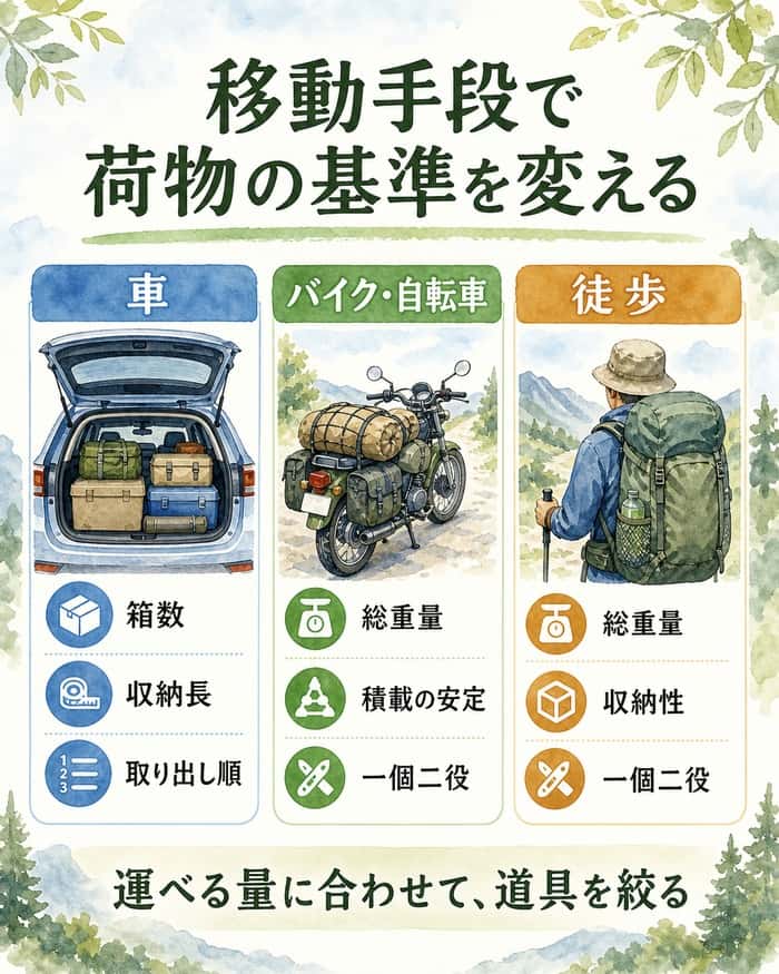 車、バイク・自転車、徒歩の3つの移動手段別に、荷物選びで見るべき項目を整理した比較図。