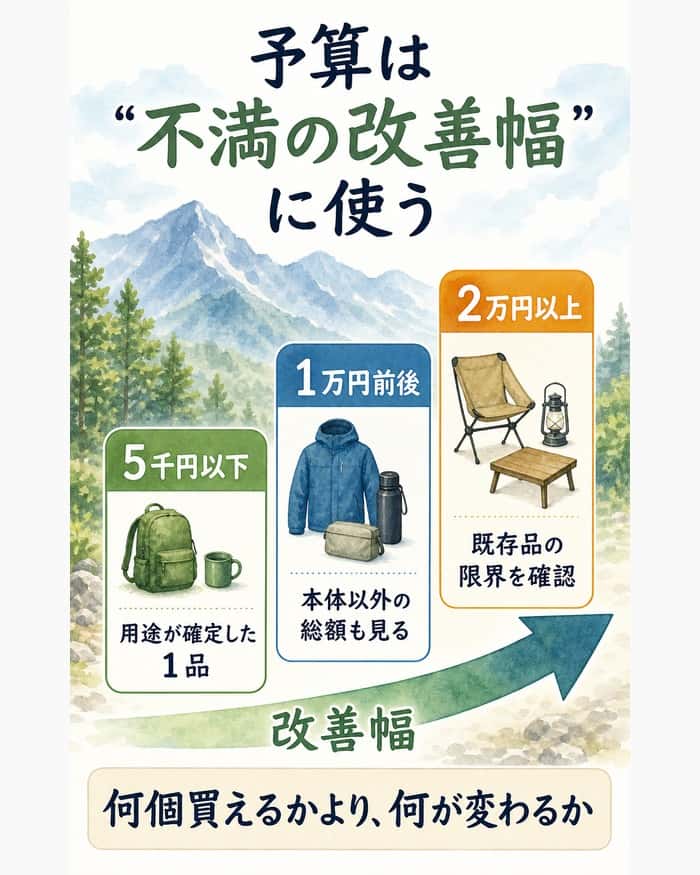 5千円以下、1万円前後、2万円以上の予算帯で、不満の改善幅を基準に購入を考える階段図。