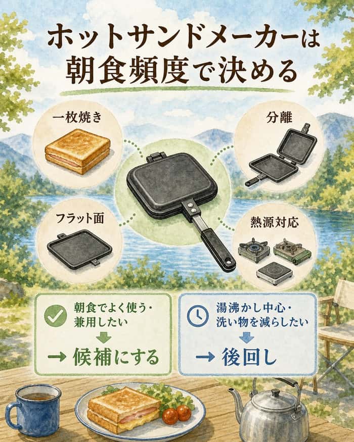 ホットサンドメーカーを、一枚焼き、分離、フラット面、熱源対応と朝食頻度・兼用性で判断する図解。