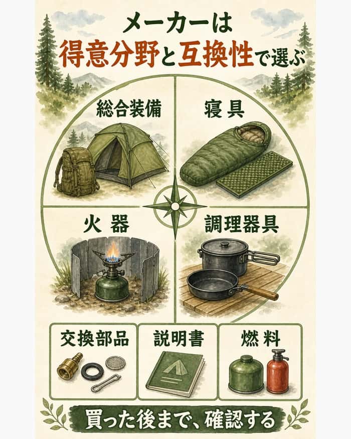 総合装備、寝具、火器、調理器具という得意分野と、交換部品・説明書・燃料の確認をまとめたメーカー選びの図。