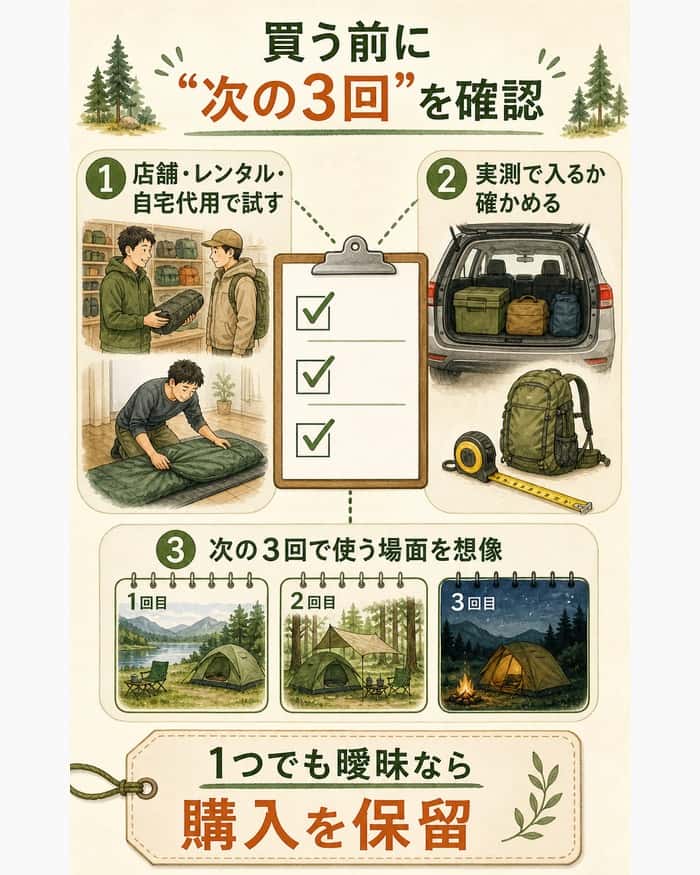 店舗・レンタル・自宅代用での試用、実測、次の3回の利用場面を確認し、曖昧なら購入を保留するためのチェックリスト。