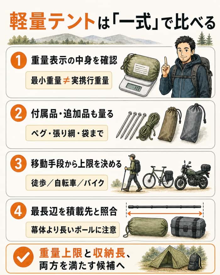 軽量テントを実携行重量と最長収納寸法で選ぶ4段階の図解