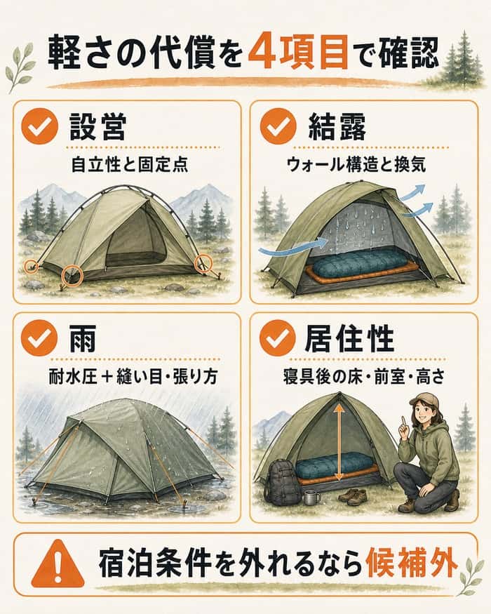 軽量テントの自立性・結露・雨・居住性を確認する図解