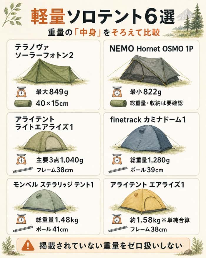 軽量ソロテント6製品の重量内訳と収納寸法を比べる図解