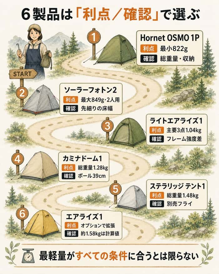 軽量テント6製品の利点と購入前の確認点をたどる図解