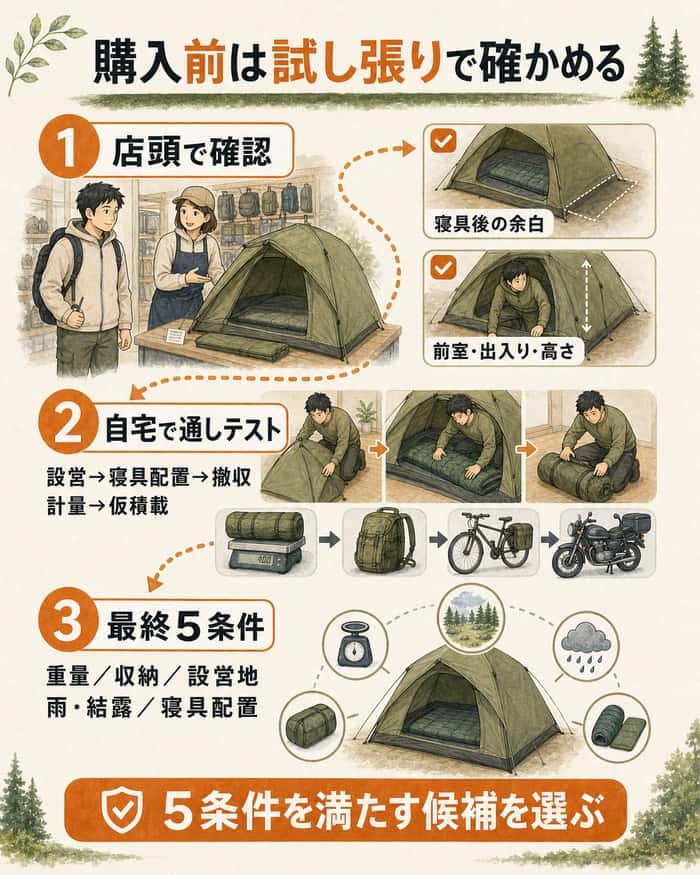店頭試し張りから自宅テストと最終5条件までを示す図解