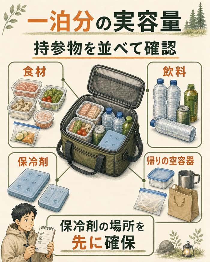 一泊の食材・飲料・保冷剤・空容器から実容量を確認する図解