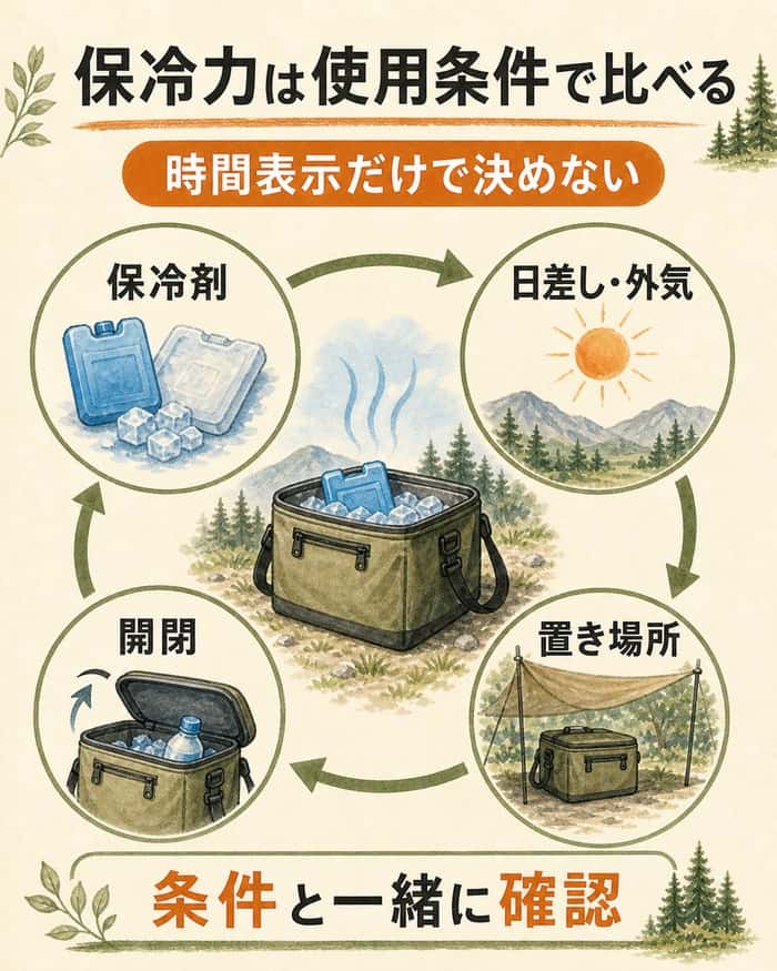 保冷剤・日差し・開閉・置き場所で保冷条件を比べる図解