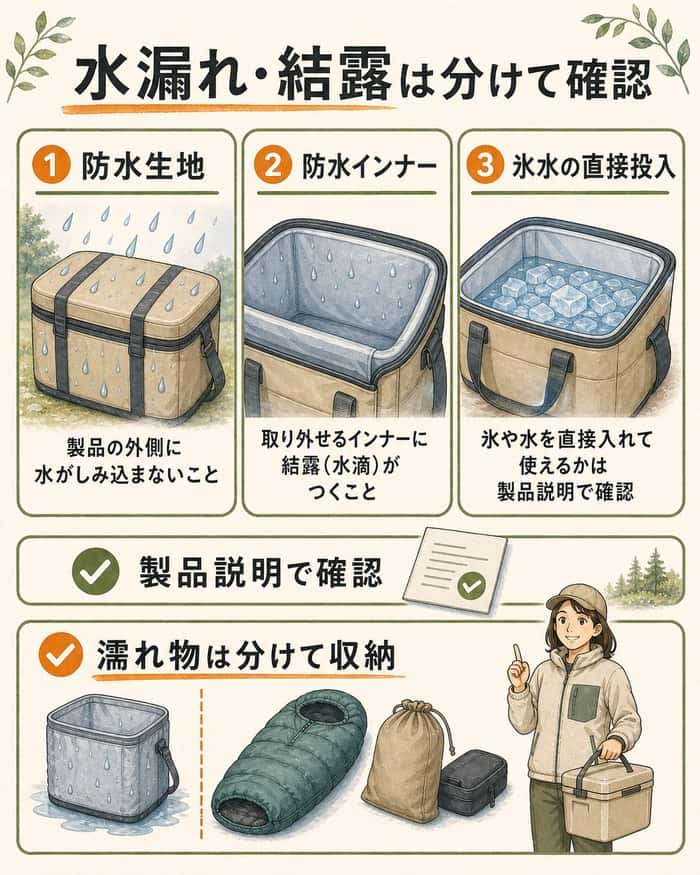 防水の意味を分けて確認し濡れ物を別に収納する図解