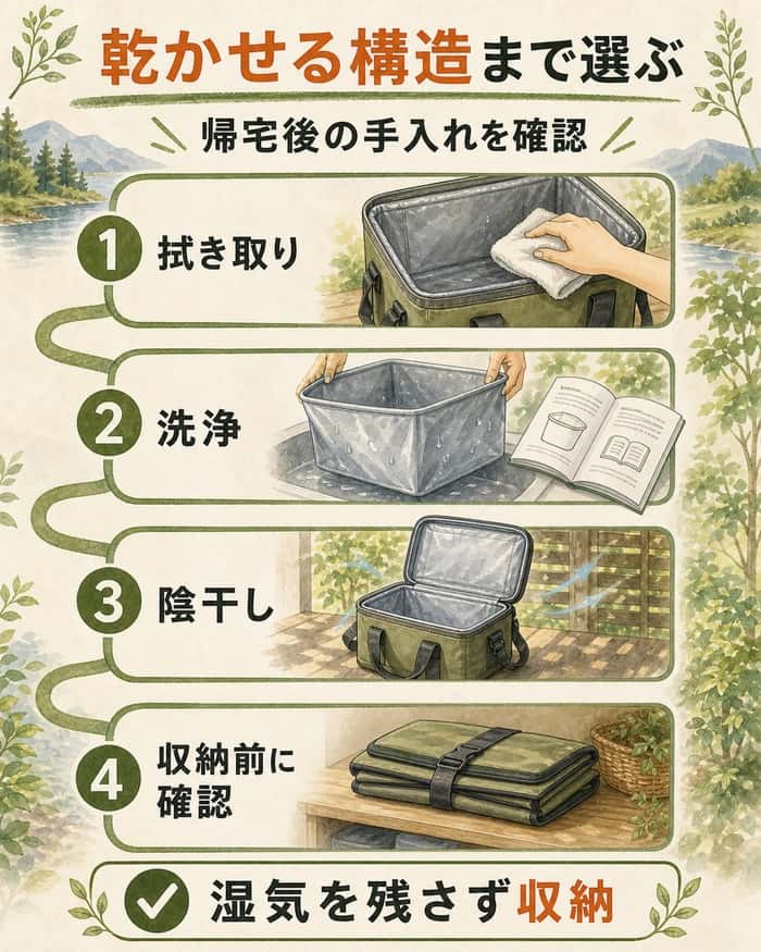拭き取りから収納前確認までを示すクーラー手入れの流れ