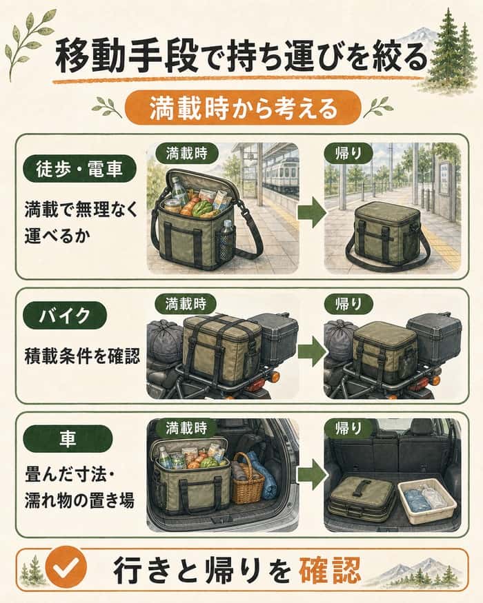 徒歩・電車・バイク・車ごとの携行と収納を比べる図解