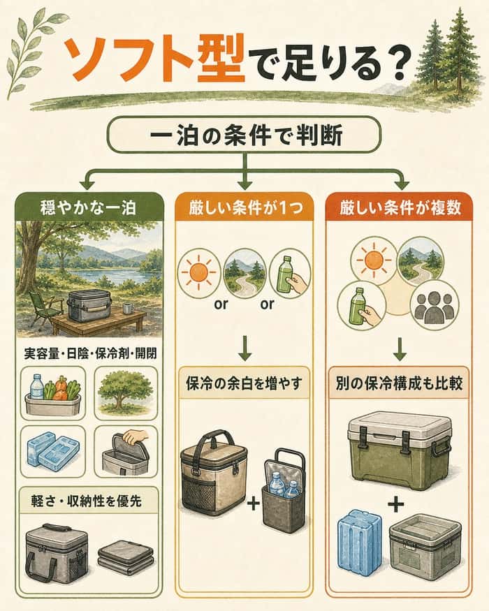 一泊の条件別にソフト型と別保冷構成を選ぶ判断図