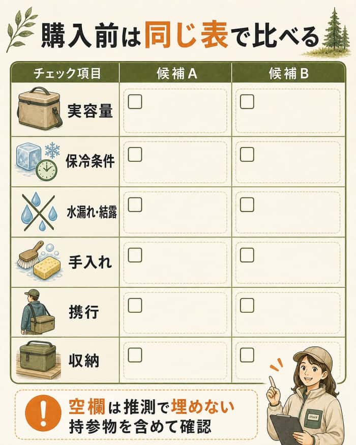 候補A・Bを六項目で確認するソフトクーラー比較表