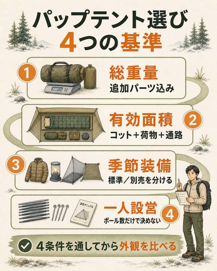 総重量、有効面積、季節装備、一人設営の4基準で選び方を示す図