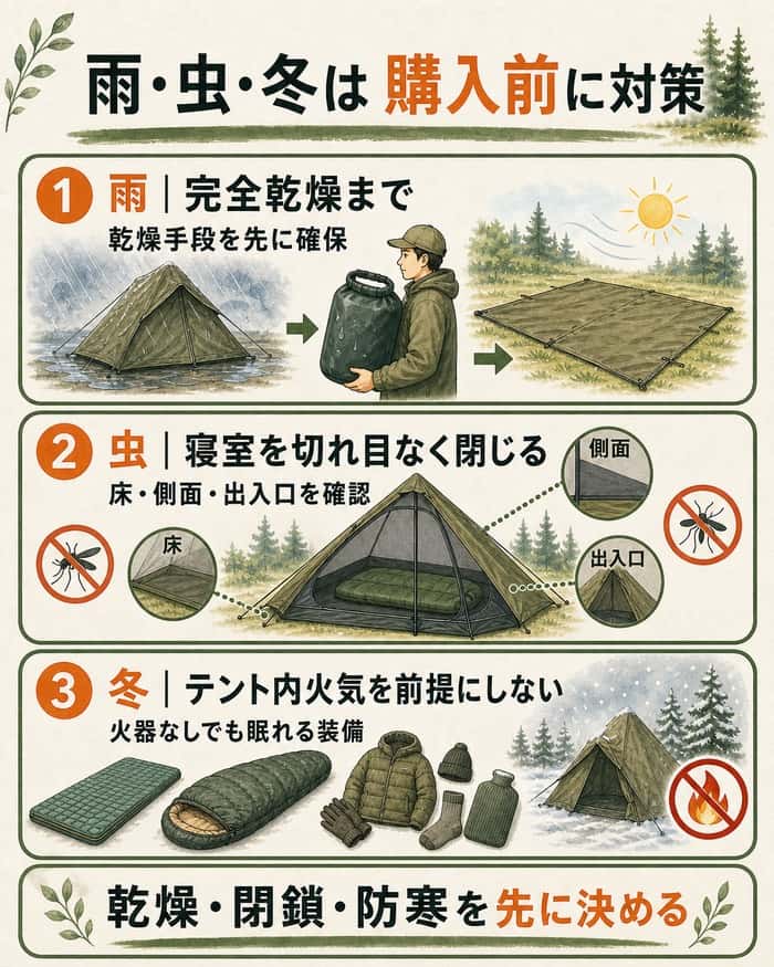 TCテントの雨後乾燥、虫の遮断、冬の火気なし装備を示す安全図