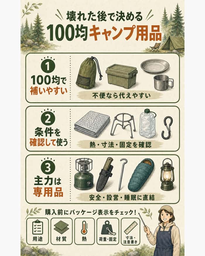100均ソロキャンプ用品を、壊れた後の影響に応じて補助品、条件確認品、専用品に分け、購入前の表示確認項目を示した図解。