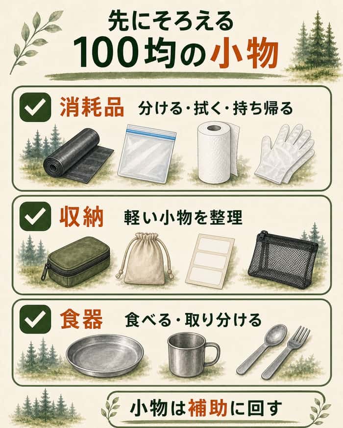 消耗品、収納、食器を100均で補う小物として並べ、補助用途に回す考え方を示したチェックリスト。