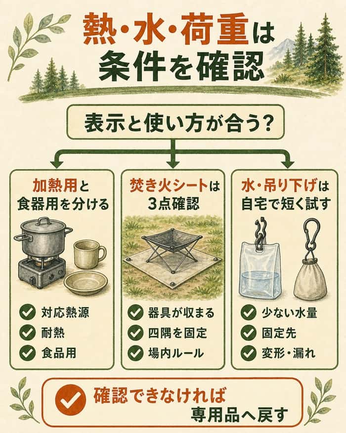 熱、水、荷重が関わる小物を、加熱用途、焚き火シート、水や吊り下げ用品の三つの条件で確認する図解。