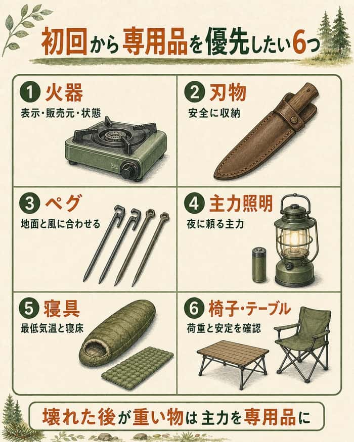 100均ソロキャンプ用品の選び方｜補助に回せる物と専用品を優先したい物