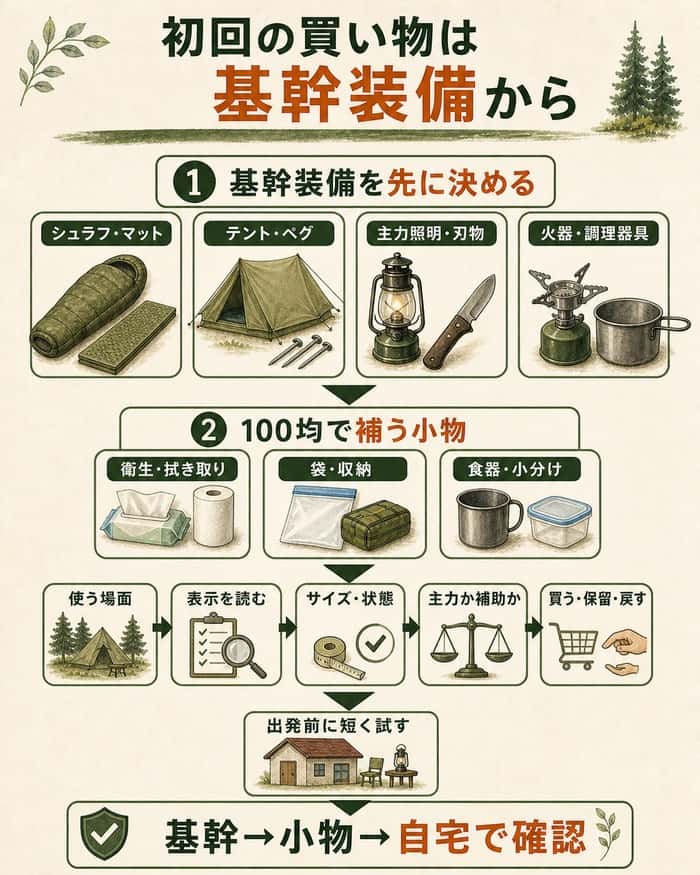 基幹装備を先に決めてから100均の小物で補い、店頭と自宅で確認する買い物手順の図解。