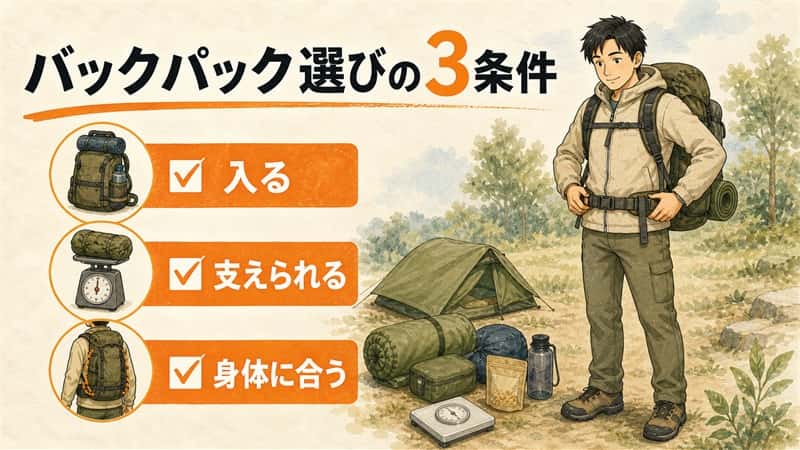 徒歩・電車のソロキャンプで使うバックパックの選び方｜容量より先に確かめたいこと