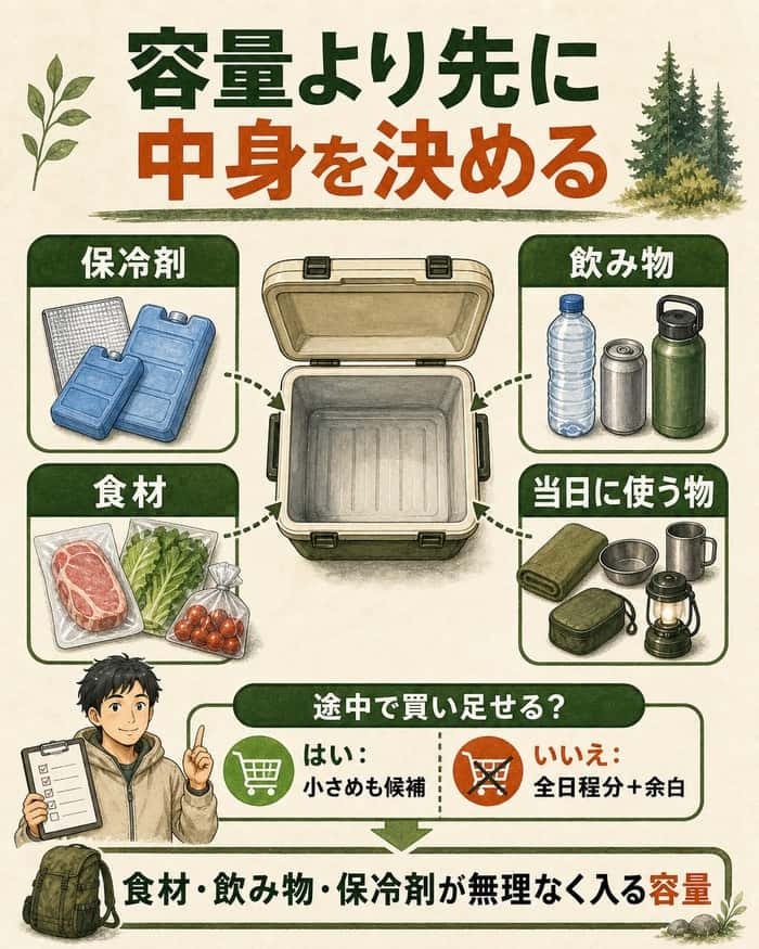 開いたクーラーボックスを中心に、保冷剤・飲み物・食材・当日に使う物を書き出し、途中で買い足せるかで必要容量を考える図解