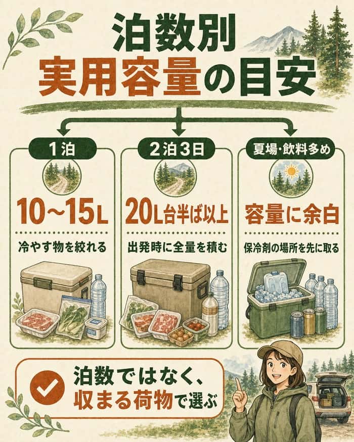 1泊は10〜15L、2泊3日は20L台半ば以上、夏場や飲料多めは余白を取るという、泊数と荷物別の実用容量目安