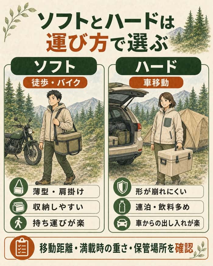 徒歩やバイク向けのソフトクーラーと、車移動や連泊向けのハードクーラーを、持ち運び方・収納・満載時の重さで比較した図解