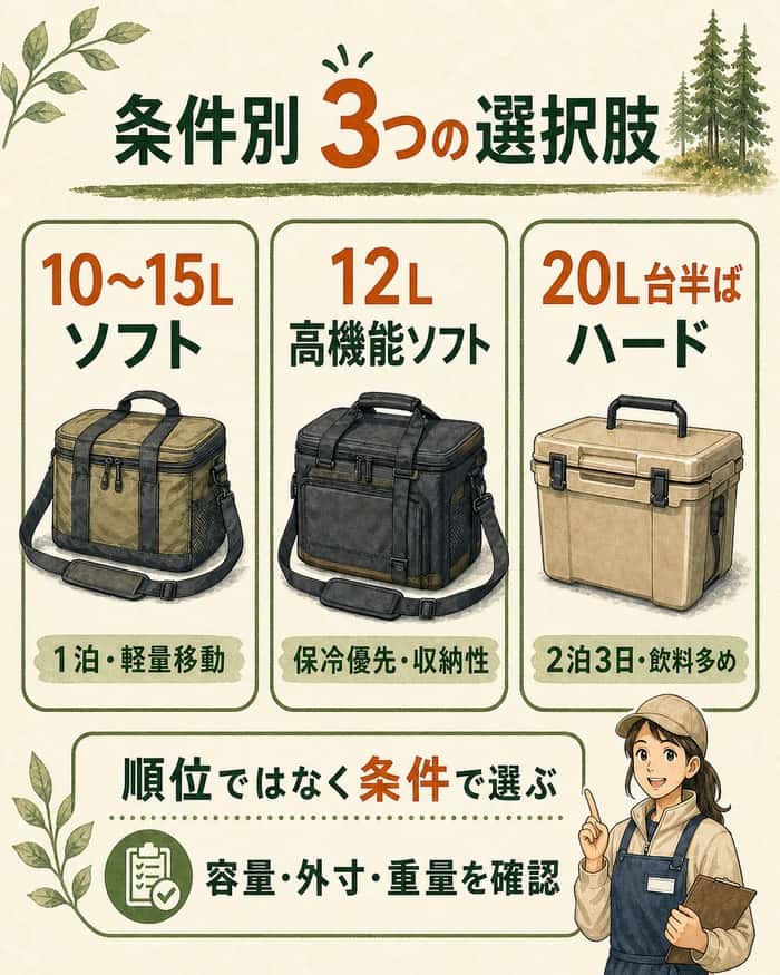10〜15Lソフト、12L高機能ソフト、20L台半ばハードの3候補を、順位ではなく利用条件別に並べた比較図