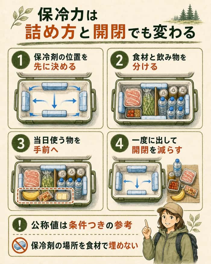 保冷剤の位置を先に決め、食材と飲み物を分け、当日使う物を手前に置き、一度に出して開閉を減らす4ステップ