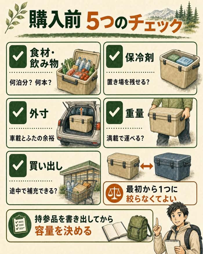 食材と飲み物、保冷剤、外寸、重量、買い出しの5項目を確認し、持参品を書き出して容量を決める購入前チェックリスト