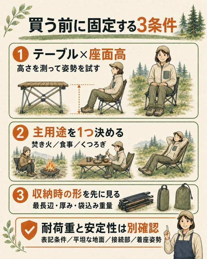チェア購入前に固定する3条件と安全確認をまとめた図解