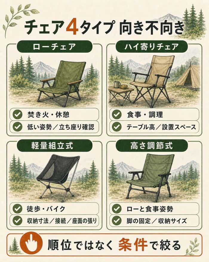 4種類のキャンプチェアの向き不向きを比較した図解
