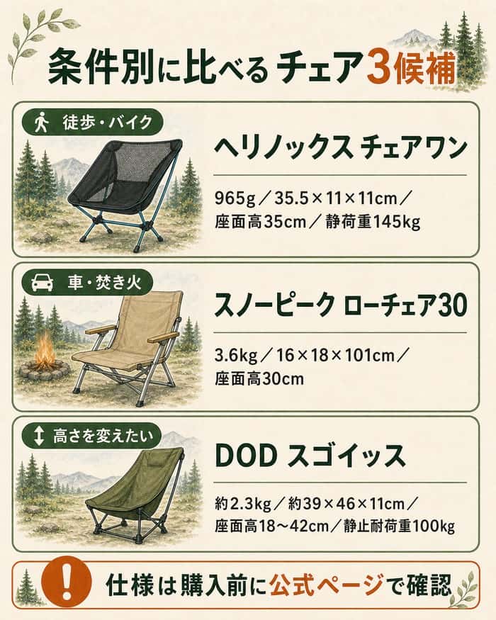 移動手段と用途別に3製品の仕様を比べた図解