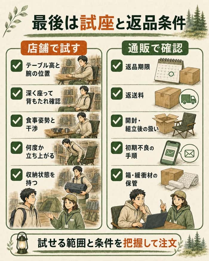 店舗での試座と通販の返品条件を確認する図解