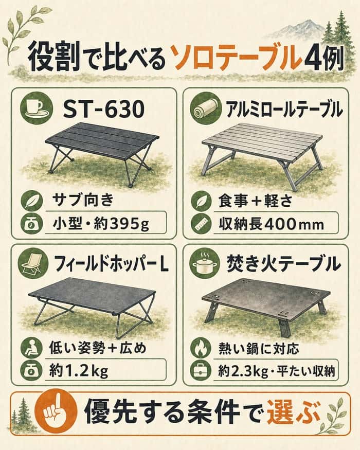 役割と携行条件で比較するソロテーブル4例