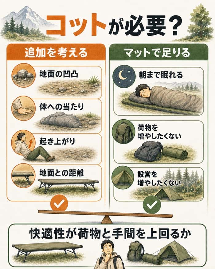 コット追加の必要性を今の寝床と荷物・手間で判断する図