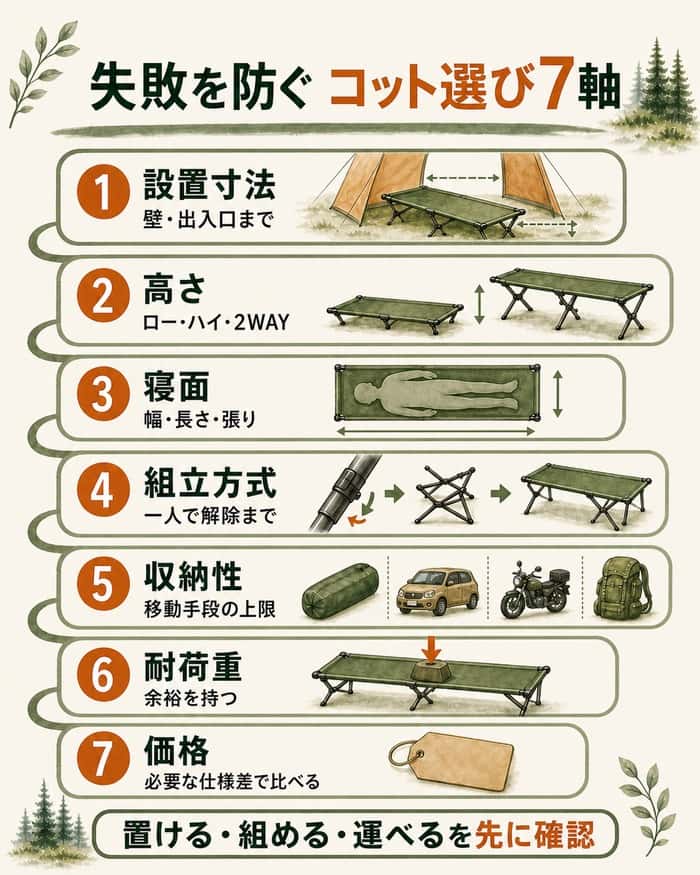 コット選びの設置寸法から価格まで7軸を示す図