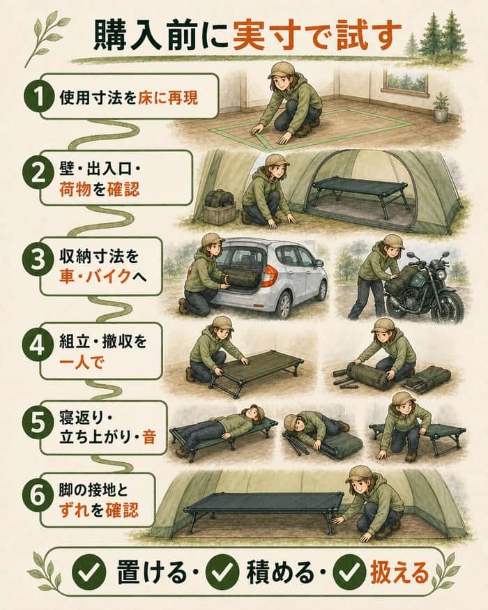 購入前に実寸・積載・組立・接地を順に試す図