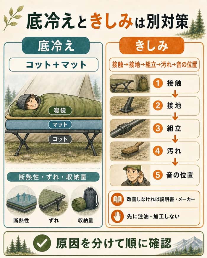 底冷え対策ときしみ原因の切り分けを示す図