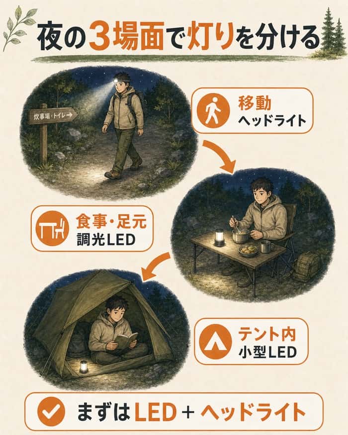 夜の移動・食事・テント内で三つの灯りを使い分ける図解