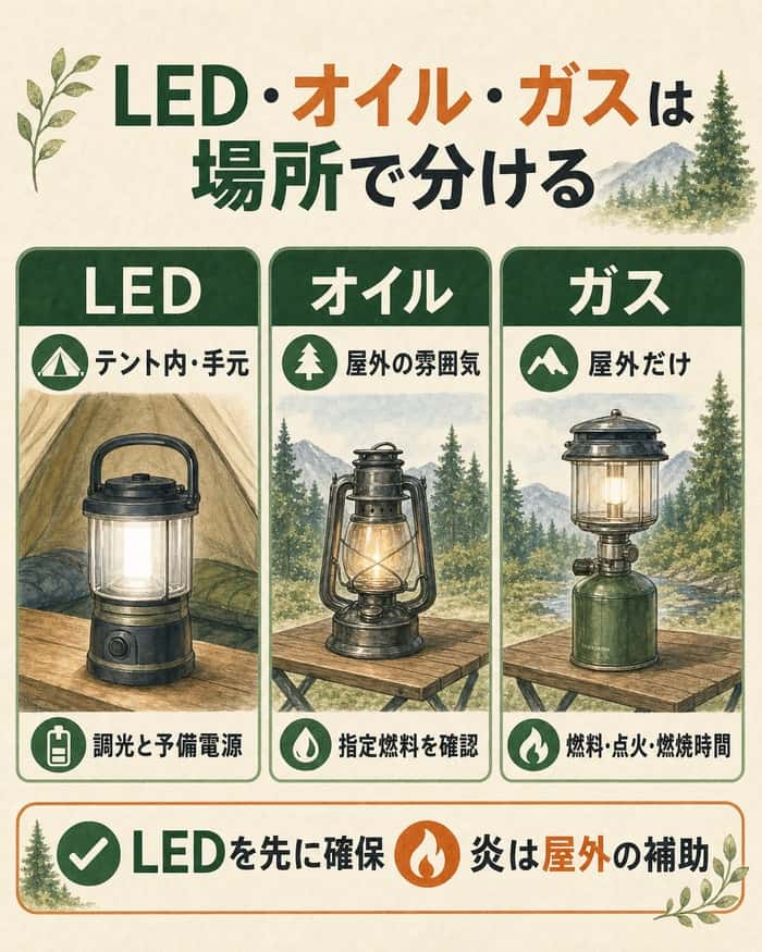 LED・オイル・ガスランタンを安全な使用場所で比較した図解