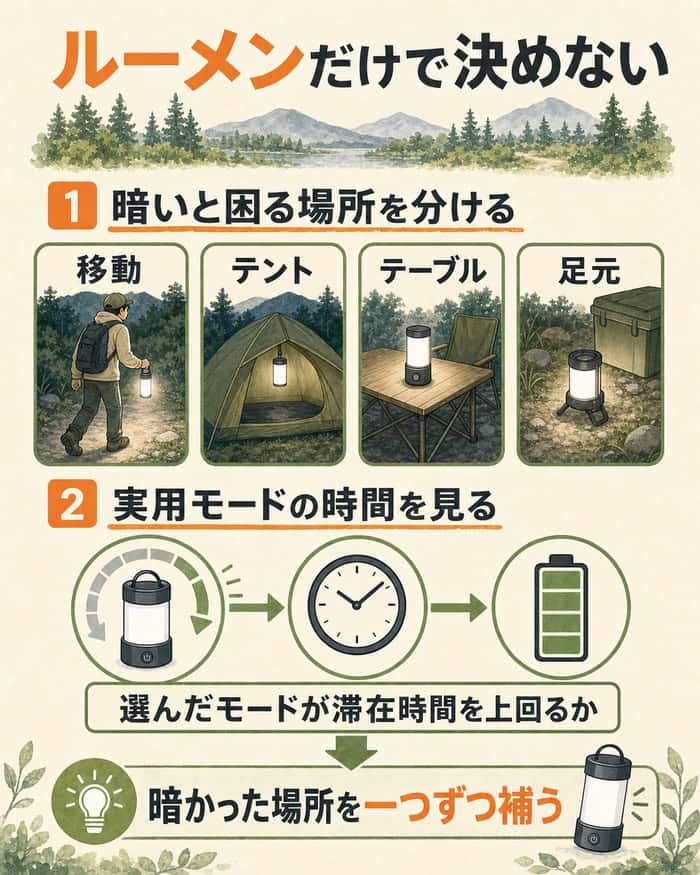 暗い場所の特定と実用モードの点灯時間を確認する流れ