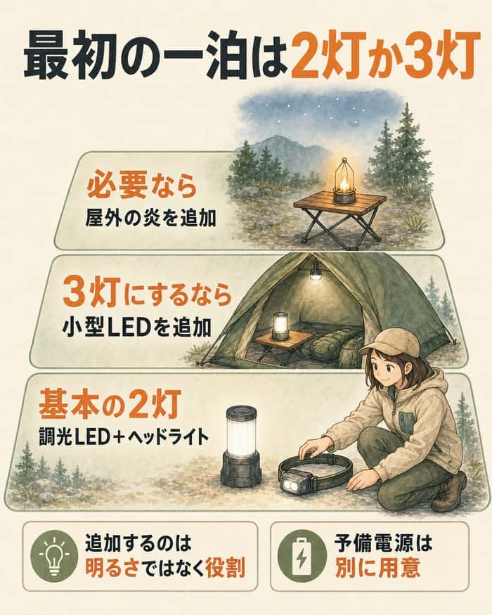 最初の一泊を二灯から三灯へ役割別に増やす手順