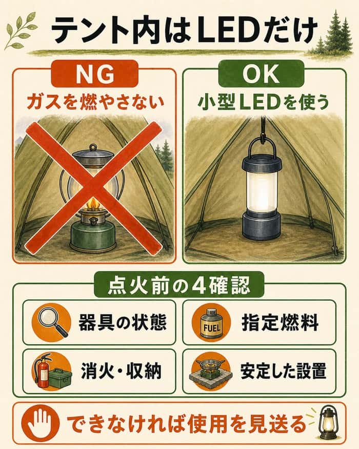 テント内の燃焼式禁止と点火前の安全確認を示す図解
