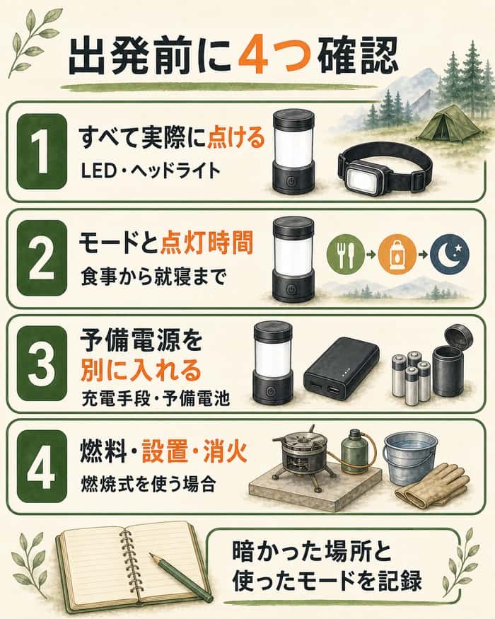 出発前に点灯・時間・予備電源・燃焼条件を確認する図解