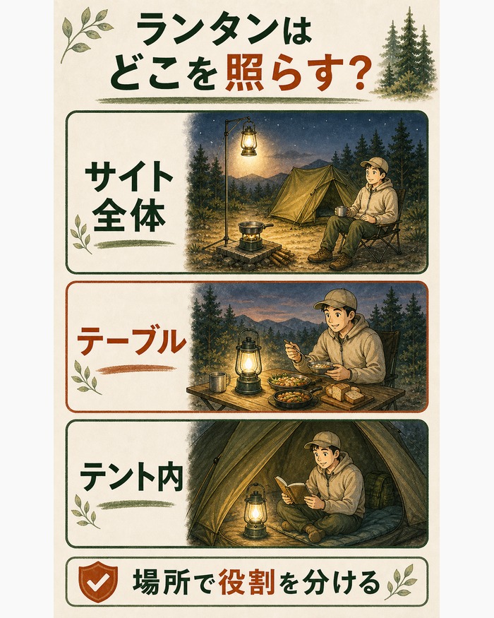 サイト全体、テーブル、テント内の三つの利用場所を描き、ランタンの役割を分けることを示した図。