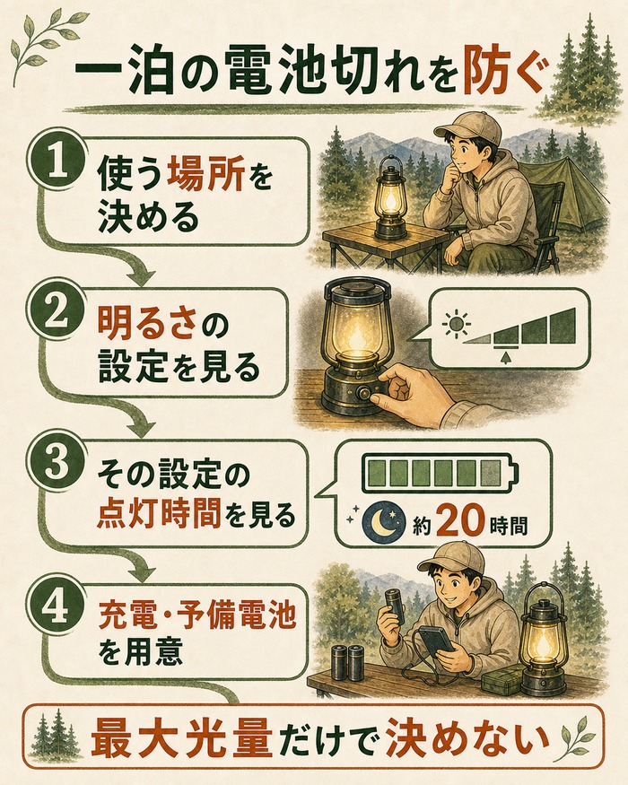一泊の電池切れを防ぐため、使う場所、明るさ設定、点灯時間、充電と予備電池の準備を四段階で示した図。
